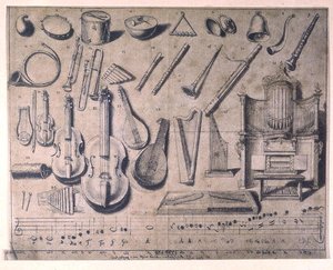Verschiedene Musikinstrumente: Schlagzeug, Saiten- und Blasinstrumente, die Orgel, 20. Jahrhundert
