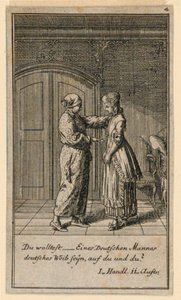 Ein Vater oder Vormund spricht mit einem Mädchen, Illustration des Stücks "Nicht mehr als sechs Schüsseln" von Friedrich Wilhelm Grossmann in "Königl: Grosbrit [anische] Genealogischer Kalender auf das 1782 Jahr Lauenberg bey J.G. Berenberg"