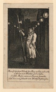 Ein Nachtwächter, Illustration für "Königl: Grosbrit [anische] Genealogischer Kalender auf das 1780 Jahr Lauenberg bei J.G. Berenberg" von Daniel Nikolaus Chodowiecki