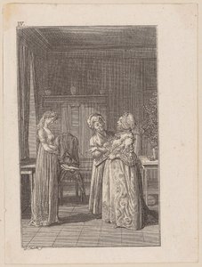 Adolphine, fertig angekleidet, belächelt das altmodische Kleid der Mutter, Blatt 4 zur Erzählung „Die Angebinde“ von Daniel Nikolaus Chodowiecki