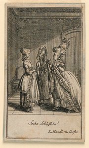 Eine ältere Frau schimpft ein Mädchen, Illustration des Stücks Nicht mehr als sechs Schüsseln von Friedrich Wilhelm Grossmann in Königlich: Großbritannischer Genealogischer Kalender auf das Jahr 1782 Lauenberg bei J.G. Berenberg von Daniel Nikolaus Chodowiecki