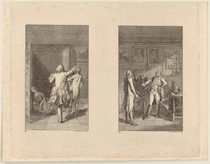 Baron jagt Candide zum Schloss hinaus [links]; Candide, Kunigunde und die Alte vor dem Stadthalter von Buenos Aires [rechts] von Daniel Nikolaus Chodowiecki