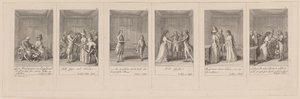 Blätter 1, 12, 3, 10, 5 und 8 von 12 zu Aug. von Kotzebues "Die Indianer in England" von Daniel Nikolaus Chodowiecki