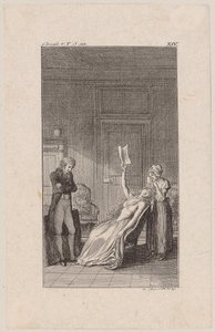 Clarisse zwischen Wahnsinn und Besonnenheit mit Lovelaces falschem Trauschein in der Hand auf dem Stuhl zusammengesunken von Daniel Nikolaus Chodowiecki