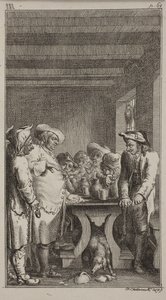 Des Scherers Hund leckt das gefärbte Wasser aus einem zerbrochenen Gefäß unter dem Tisch, um den 4 Bauern sitzen und 3 stehen, die Tabak rauchen und trinken. ob. III, S. 61. von Daniel Nikolaus Chodowiecki