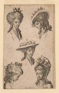 Fünf Kopfbedeckungen, wie sie von Berliner Frauen getragen werden, Illustration für "Königl: Grosbrit [anische] Genealogischer Kalender auf das 1783 Jahr Lauenberg bei J.G. Berenberg" von Daniel Nikolaus Chodowiecki