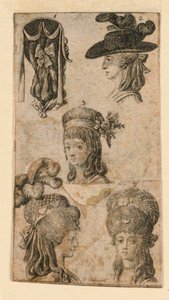 Fünf Kopfbedeckungen für Frauen, zwei Fragmente von Illustrationen für "Königl: Grosbrit[anische] Genealogischer Kalender auf das Jahr 1781 Lauenberg bei J.G. Berenberg" von Daniel Nikolaus Chodowiecki