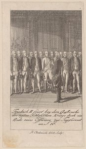 Friedrich II feuert bei Ausbruch des ersten Schlesischen Kriegs durch eine Rede seine Offiziere zur Tapferkeit an von Daniel Nikolaus Chodowiecki