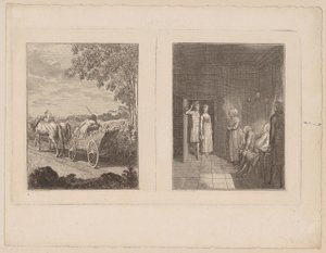 Hermann hat die Vertriebenen eingeholt [links]; Herrmann führt Dorothea in das Haus seiner Eltern [rechts] von Daniel Nikolaus Chodowiecki