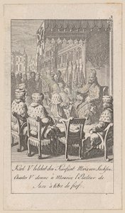 Karl V belehnt den Kurfürsten Moritz von Sachsen, Blatt 3 der Folge "Ältere, mittlere und neuere Geschichte" von Daniel Nikolaus Chodowiecki