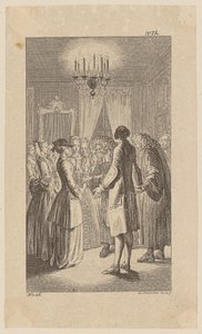 Miss West im Zimmer des Comus, willigt in den Ehevergleich ein, Blatt 16 aus "Leben Bemerkungen und Meinungen Johann Bunkels" von Daniel Nikolaus Chodowiecki