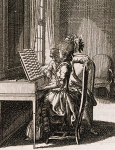 Musik, Frau spielt das Spinett, von Daniel Niklaus Chodowiecki (1726-1801), aus Occupations des dames, Deutschland, Polen von Daniel Nikolaus Chodowiecki