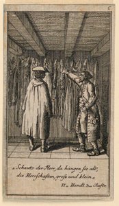 Der Kostümhändler, Illustration des Stücks "Nicht mehr als sechs Schüsseln" von Friedrich Wilhelm Grossmann in "Königl: Grosbrit[anische] Genealogischer Kalender auf das 1782 Jahr Lauenberg bei J.G. Berenberg" von Daniel Nikolaus Chodowiecki
