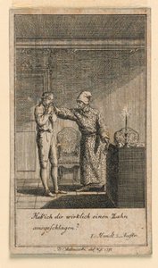 Die Ohrfeige, Illustration des Stücks "Nicht mehr als sechs Schüsseln" von Friedrich Wilhelm Grossmann in "Königl: Grosbrit [anische] Genealogischer Kalender auf das 1782 Jahr Lauenberg bei J.G. Berenberg"