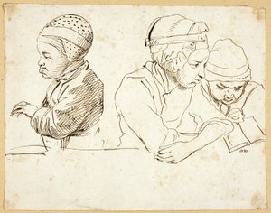 Drei Kinder (recto); Skizzen von Kopf, Augen, Lippen und Blumen (verso)