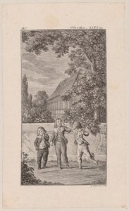 Vorstellung der Anna Howe von ihrem Liebhaber und dem ihrer Freundin als Kinder [Lovelace, Hikmann und Solmes] von Daniel Nikolaus Chodowiecki