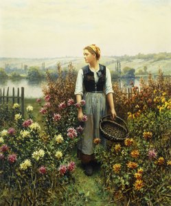 Mädchen mit einem Korb im Garten von Daniel Ridgway Knight