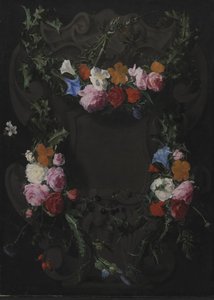 Steinkartusche mit einem Blumenkranz