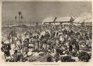 Ein sehr belebter Marsch in der Nähe des Kongo-Flusses, der mehr als dreitausend Menschen zusammenbringt, geätzt nach einer Zeichnung von D. Vierge, zur Illustration von David Livingstones letztem Tagebuch (1813-1873), 1866-1873, veröffentlicht in „Le tour