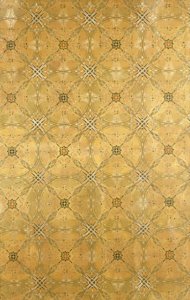 Ein Deckenpaneel mit wiederholtem abstraktem Blattmuster in Olivgrün, Ocker, Rot und Gelb, ca. 1893