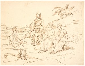 Biblische Szene: Christus sitzt mit drei Aposteln auf einem Berg von Dankvart Dreyer