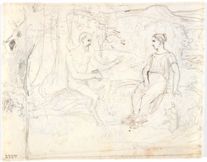 Ein Satyr mit Flöte und ein junges Mädchen, sitzend im Wald