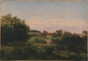 Landschaft mit einem Häuschen neben einem Teich