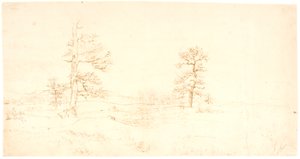 Aussicht über eine hügelige Landschaft mit ein paar einsamen Eichen von Dankvart Dreyer