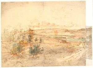 Weite Aussicht über eine Landschaft mit großen Hügeln um einen Wiesenbach. Westfünen? von Dankvart Dreyer