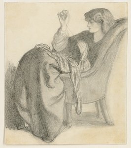 Lachesis: Studie von Jane Morris, die in einem Stuhl näht, 1860er von Dante Gabriel Charles Rossetti