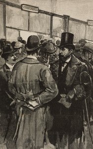 Bankschalter während des Skandals der Römischen Bank (Banca Romana), Rom, Italien (Stich nach Zeichnung von Dante Paolocci, aus L