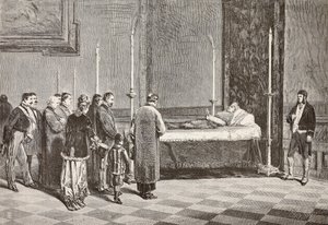 Leichnam von Kardinal Giacomo Antonelli aufgebahrt in einem der Räume im Vatikan, Gravur nach einer Zeichnung von Dante Paolocci, aus L