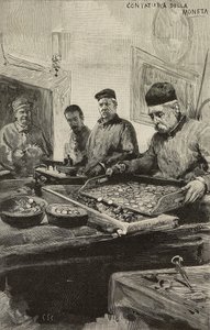 Münzzählung in der Münze von Rom, Italien, Gravur nach Zeichnung von Dante Paolocci, aus L