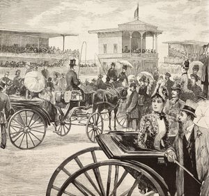 Elegante Männer und Frauen besuchen ein Pferderennen auf der Rennbahn in Rom, Italien (Gravur nach einer Zeichnung von Dante Paolocci, aus L