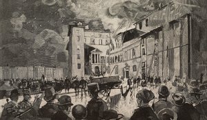Brand der israelischen Schulen von 1893, Rom, Italien (Stich nach einer Zeichnung von Dante Paolocci)