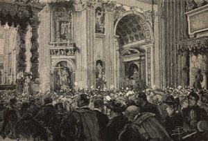 Päpstlicher Segen anlässlich des bischöflichen Jubiläums von Leo XIII., Petersdom, Vatikan (Stich nach einer Zeichnung von Dante Paolocci)