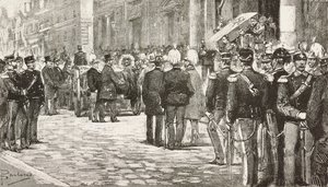 Politiker und Offiziere bei der Trauerprozession von Luigi Mezzacapo (1814-1885), italienischer Politiker und Offizier, Rom, Italien, Gravur nach einer Zeichnung von Dante Paolocci, aus L