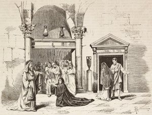 Kabinett des Papstes im Palast, Postumia bittet Fabio Massimo, Rom Vaincue von Alexandre Parodi, Akt V, Gravur von Dante Paolocci nach Skizzen von Zandomenico, aus L