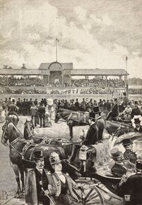 Die Tribüne, Pferderennen in Turin, Italien, Gravur nach einer Zeichnung von Dante Paolocci, aus L