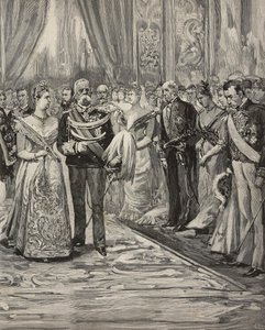 Umberto I. und Margherita von Savoyen bei einem Konzert anlässlich ihrer Silberhochzeit, Palazzo del Quirinale, Rom, Italien (Stich nach einer Zeichnung von Dante Paolocci)