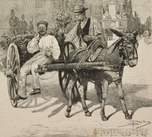 Wasserverkäufer (Acquarolo), der Wasser aus dem Acetosa-Brunnen in den Straßen von Rom verkauft (Stich nach einer Zeichnung von Dante Paolocci)