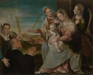 Jungfrau und Kind mit den Heiligen Katharina, Lucia, Justina von Padua und einem Benediktinermönch von Dario Varotari the Elder