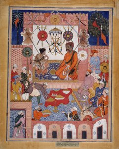 Misbah der Krämer bringt den Spion Parran zu seinem Haus, Folio aus einem Hamzanama, ca. 1570