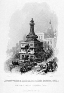 Alter Tempel und Madrissa oder Hochschule, Kunkhul, Indien, graviert von E. Finden, aus 