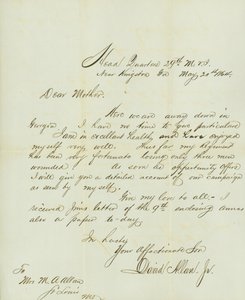 Brief unterzeichnet David Allan, Jr., Hauptquartier 29. M.V.I., in der Nähe von Kingston, Ga., an seine Mutter Frau M.A. Allan, St. Louis, Mo., 20. Mai 1864 von David Allan