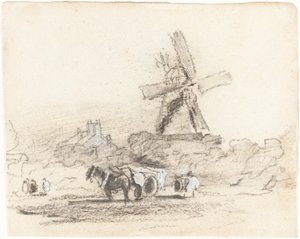 Ein Wagen mit zwei Pferden in der Nähe einer Windmühle