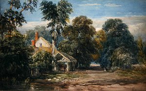 Ein Cottage und ein Stall am Waldrand von David Cox