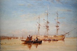 Ein Kriegsschiff vor Anker in der Themse von David Cox