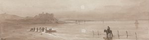 Küste, Sonnenuntergang mit Harlech Castle von David Cox
