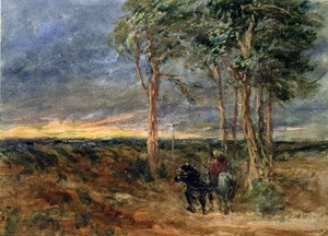 Reisende nähern sich einem Wegweiser auf einer Heide, 1851